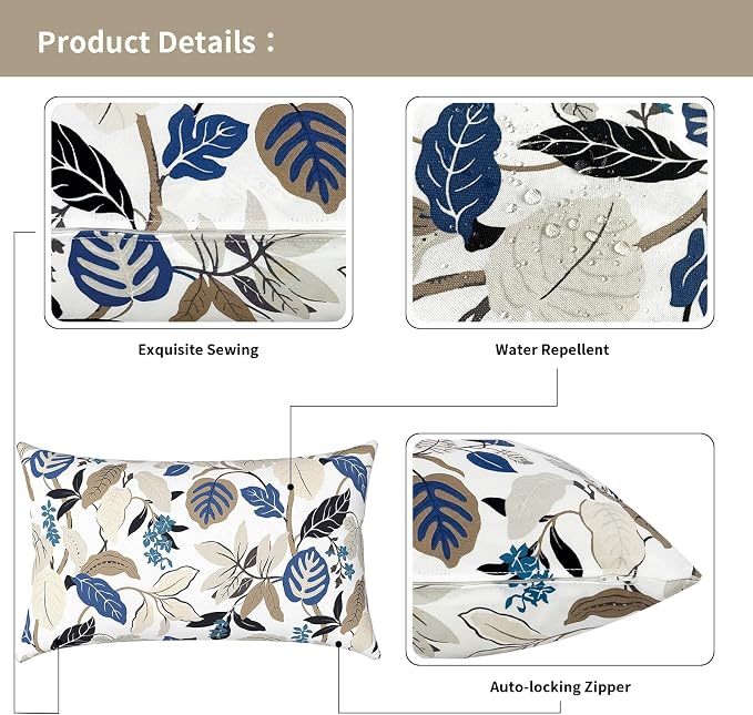Outdoor Lumbar Pillow Covers 12”x20”, Rectangle Throw Pillow Covers for Patio Furniture, Decorative Lumbar Cushion Case for Garden Balcony Couch Office Chair, Pack of 2, Breeze Leaves Beige