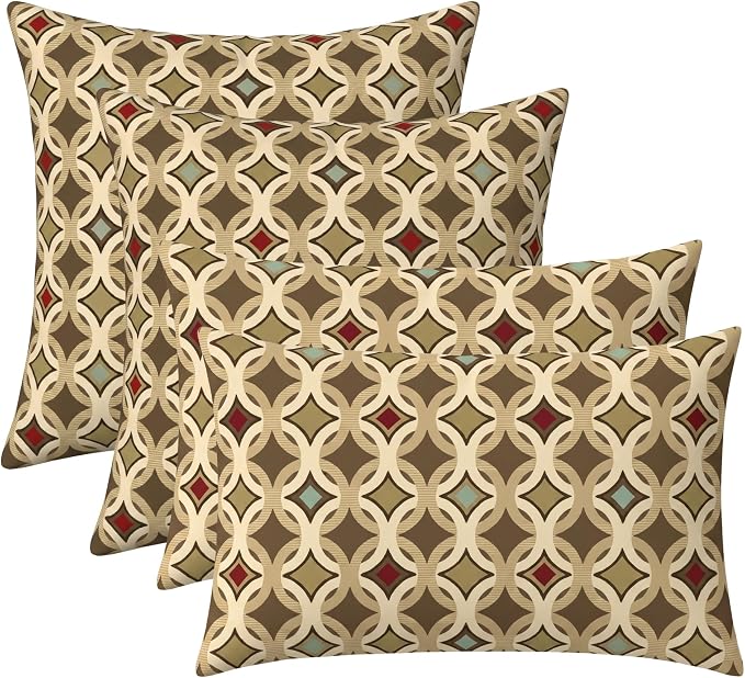 RSH DECOR: Sunbrella Lumbar & Square Pillows Set of 4 | 20" x 12" & 17" x 17" | Water and Fade-Resistant Performance Fabric | Outdoor Throw Pillows for Patio Furniture | Made in USA (Tango Mink)
