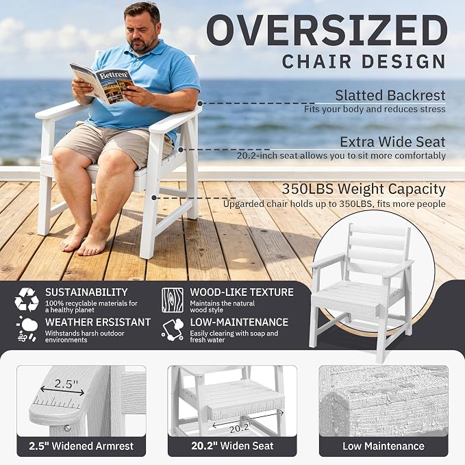 AreShark Patio Dining Chair Set of 2,All Weather HDPE Outdoor Dining Armless Chairs with Wide Seat and Backrest,Weatherproof Patio Chairs for Garden,Backyard,Deck,White