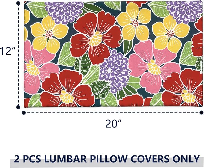 12x20 Inch Lumbae Pillow Covers, Rectangle Waterproof Throw Covers Set of 2, Decorative Patio Furniture Cushion Cases for Porch Garden, Flower Bloom