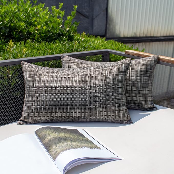 Kevin Textile Outdoor Waterproof 12"x24" Lumbar Pillow Covers 2 Pack, Grey | Water Resistant, Faux Linen Yarn-dyed, Woven Texture Throw Pillow Covers for Tent Patio Garden Couch Sofa