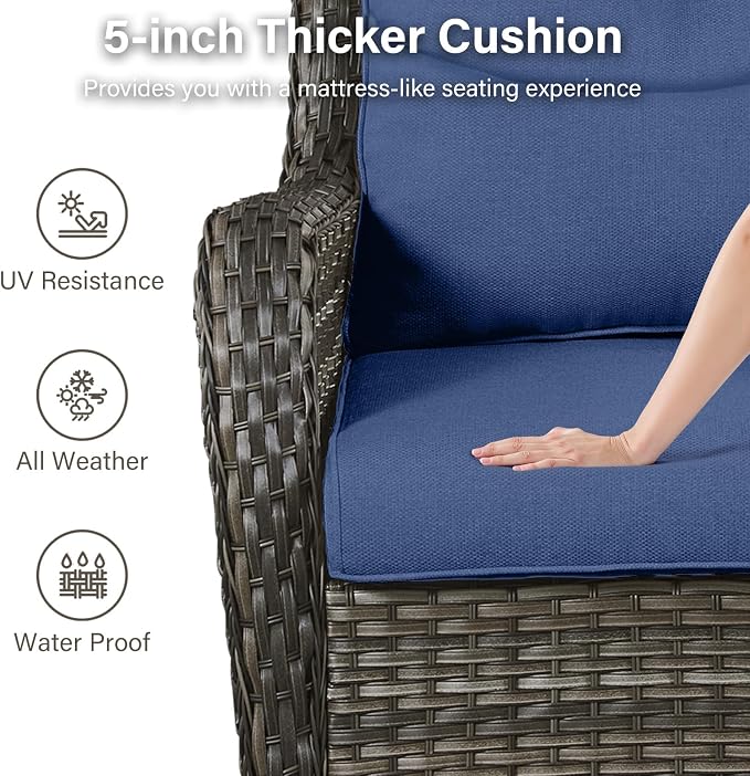 Outdoor Swivel Rocker Patio Chairs with 2 Ottomans - 5" Thick Cushion 4 Piece Furniture Set All Weather Comfortable Wicker Conversation Set for Porch Poolside and Deck - Gray/Blue