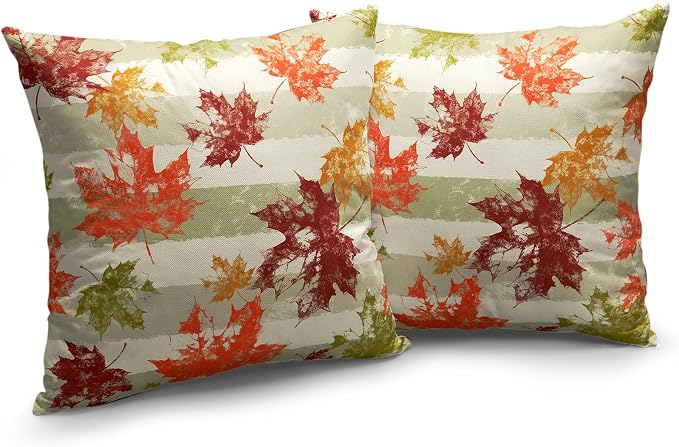 Thanksgiving Orange Red Maple Leaves Throw Pillow Covers 24x24 Green Grey White Stripes Pillow Covers Fall Cotton Linen Decorative Pillow Case for Patio Living Room Couch Set of 2