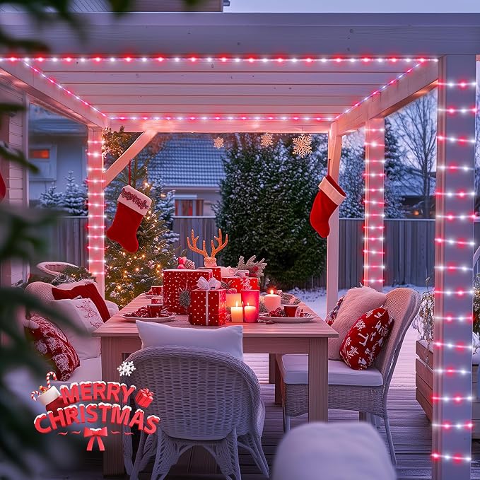 JMEXSUSS 72ft 200 LED Red and White Solar Christmas Rope Lights | IP65 Outdoor Waterproof Christmas Rope Lights with 8 Modes, Solar Christmas Lights for Fence Yard Walkway Christmas