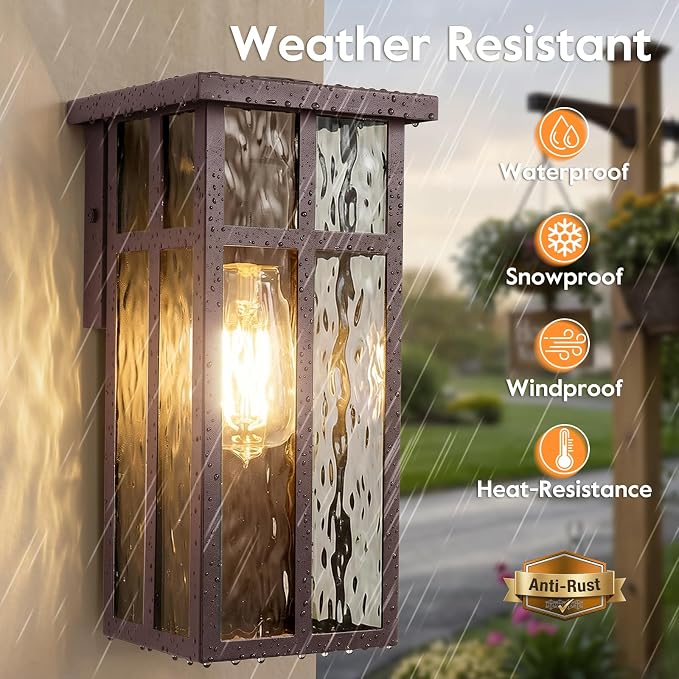 Outdoor Wall Light Fixtures, Modern Brown Porch Wall Lanterns | Waterproof Construction & Durable Metal, Rust-Resistant, Quick & Easy Installation, Ripple Glass Shades & Standard E26 Socket