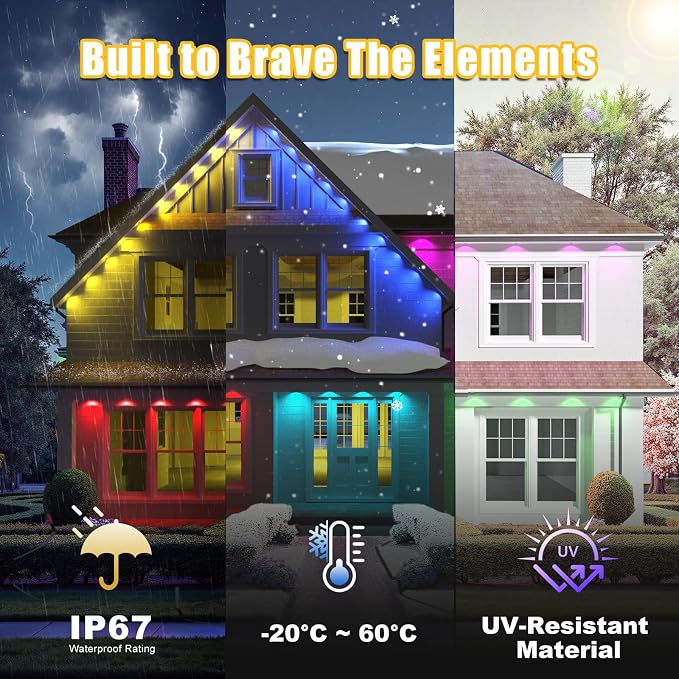 Permanent Outdoor Lights 150ft RGB+IC Eave Lights for House | IP67 Waterproof Smart LED Outdoor Lights with 16M Colors, App/Remote Control for Daily, Christmas, Halloween, Party
