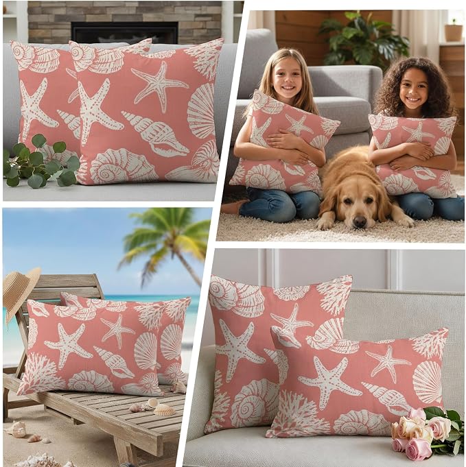 Waterproof Pillow Covers Set of 2 18x18 Inch Ocean Coastal Outdoor Cushion Covers Shells Starfish Conch Coral Red Linen Decorative Pillow Cases for Patio, Sofa, Couch, Garden, Balcony