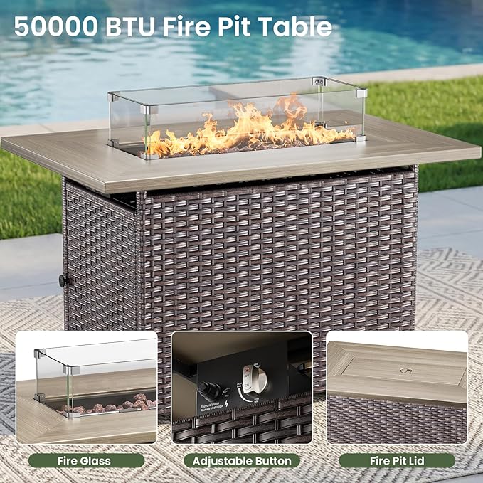 Luxury Patio Furniture Set with 6-inch Thick Cushion, Outdoor Furniture with Fire Pit Table, Swivel Chairs, Sofa, Side Table, Ottomans, 7pcs Wicker Conversation Set(Brown Wicker/Blue Cushion)