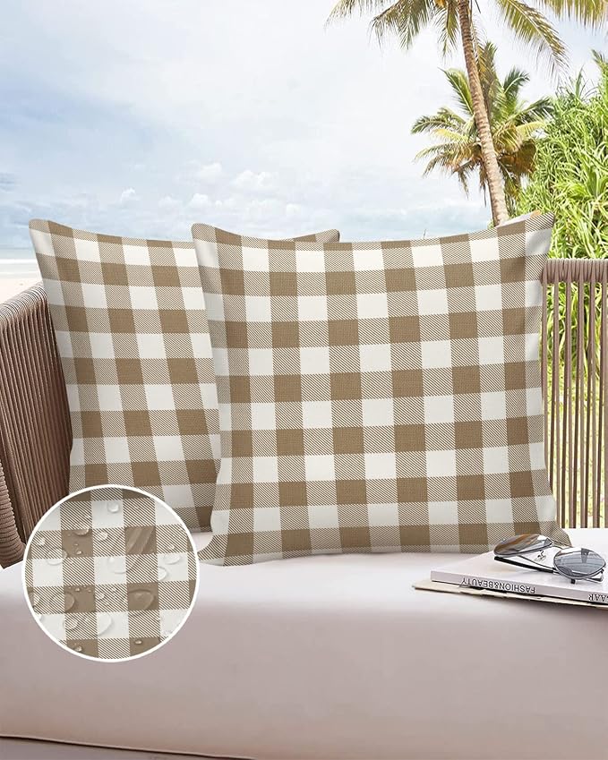 Outdoor Waterproof Throw Pillow Covers Set of 2 Light Brown Buffalo Check Plaid Pillowcases 26x26 Inches Farmhouse Style Patio Decorative Pillows Cushion Case Patio Pillows for Couch Bed Chair Garden