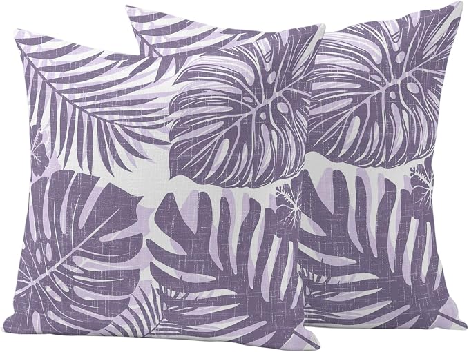 Purple Palm Leaves Outdoor Pillow Covers 20"x20" Set of 2, Tropical Botanical Minimalist Modern Waterproof Throw Pillow Covers for Patio Furniture, Decorative Cushion Covers for Porch