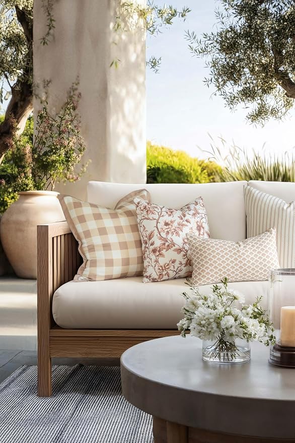 Modern Farmhouse California Casual Indoor Outdoor Lumbar Pillow Cover, 12"x20" Water Repellent for Patio, Backyard, Couch, Poolside, Ivory Cream Tan Print Ravenala Palm Tree