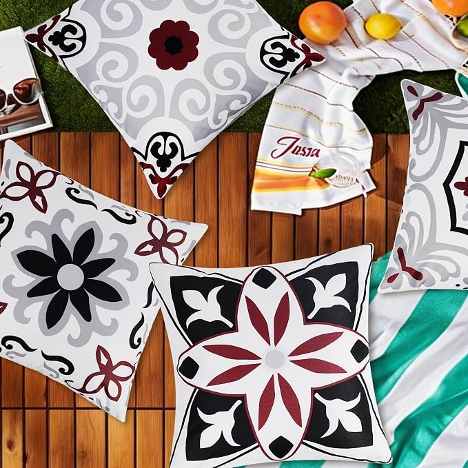 Pyonic Black Tan White Gray Outdoor Pillows Waterproof Throw Pillow Covers Set of 4 Floral Printed and Boho Farmhouse Outdoor Pillow Covers for Patio Funiture Garden 18x18 Inch