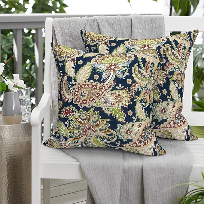 20x20 Inch Pack of 2 Patio Throw Pillow Covers ONLY, Water Repellent Cushion Cases, Square Pillowcases for Outdoor Couch Decoration, Paisley Sapphire Blue