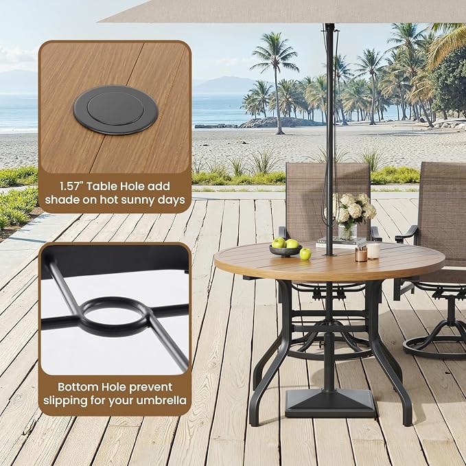 Soohow Round Outdoor Dining Table, 41" Round Patio Table Wood-Like Grain with 1.57" Umbrella Hole, Metal Outdoor Dining Tables for Backyard and Poolside