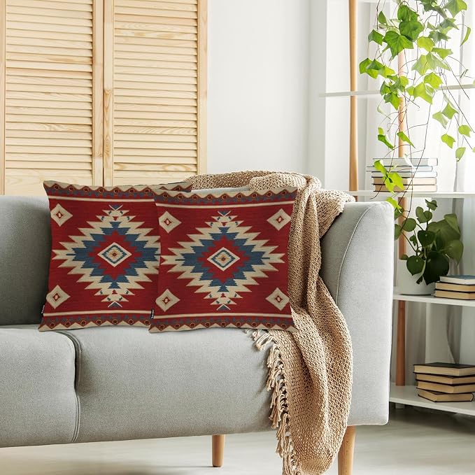 Swono Aztec Pattern Set of 2 Throw Pillow Covers Ikat American Navajo Style Chevron Red 18x18 Inches Pillow Cases Standard Cushion Cover Square Pillowcases for Men Women Decorative Home Bed Sofa
