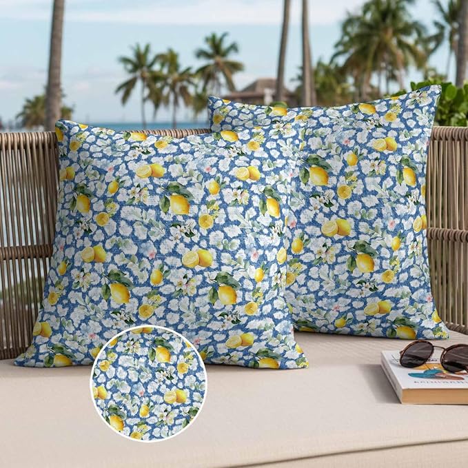 Yukro Summer Lemon Outdoor Waterproof Pillow Covers Pack of 2, Yellow Fruit White Flowers Country Plant Blue Throw Pillowcases Decorative Cushion Covers for Garden Patio Tent Sofa Couch, 16x16 inch