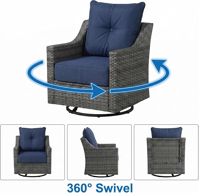 3 Pieces Patio Furniture Set with 6" Thick Cushions, All Weather Outdoor Wicker Swivel Rocker Chairs Set of 2 with Table for Porch Yard Deck