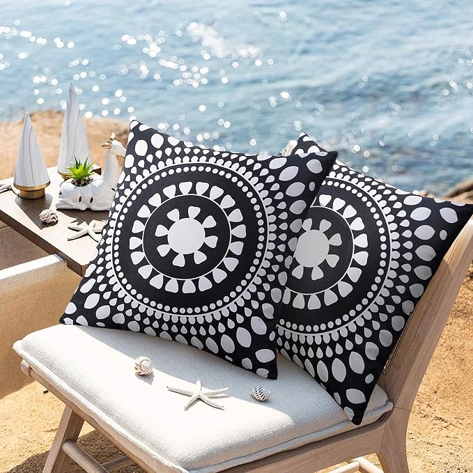 Merrycolor Set of 2 Outdoor Waterproof Throw Pillow Covers Black and White Pillow Covers Floral Decorative Square Pillowcases Farmhouse Boho Outdoor Pillows for Patio Furniture 18x18 Inch
