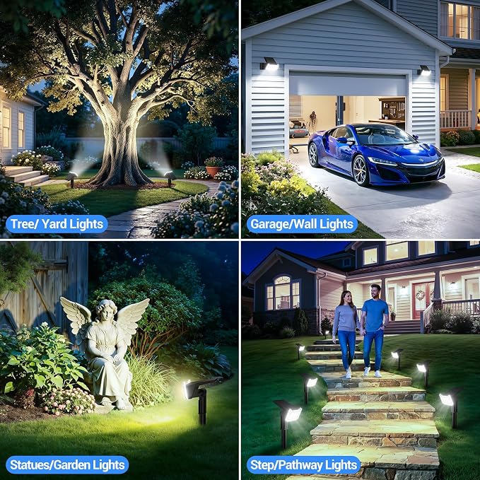 Solar Spot Lights Outdoor Waterproof IP65, Super Bright LEDs with Lens, 2 Lighting Modes, 2 in 1 Auto On/Off Solar Powered Spotlights for Outside Landscape Holiday Decor, 6 Pack, Cool White