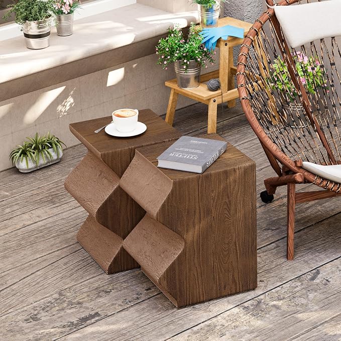 HOMPUS Outdoor Concrete Side Table w Faux Wood, Set of 2 Patio End Table Modern Vintage MgO, Lightweight Functional Combine Accent Table for Indoor Outdoor Use, Garden, Deck, Poolside, Brown