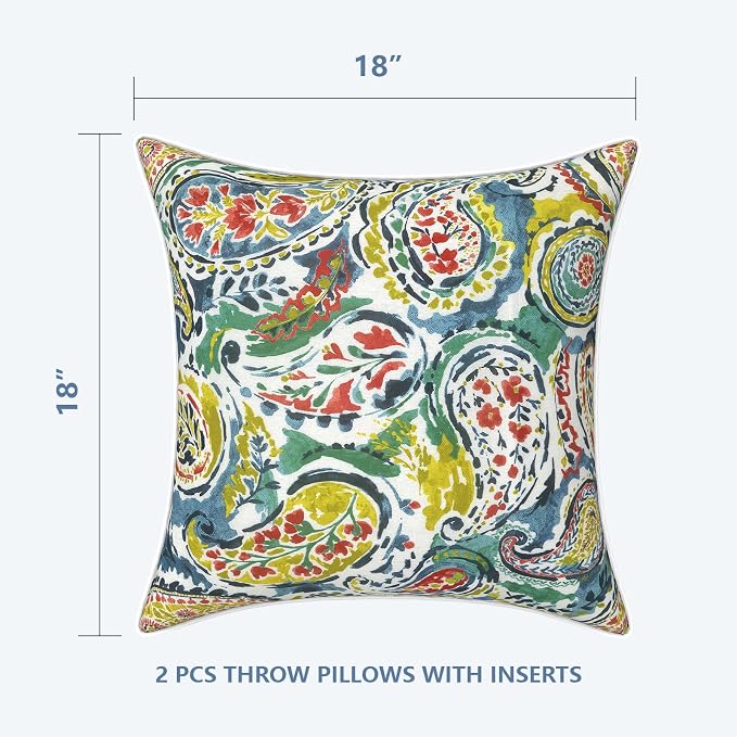 LVTXIII Outdoor Throw Pillows 18x18 Patio Waterproof Square Pillows with Piping Fade Resistant Accent Pillow for Spring Summer Garden Decoration, Set of 2, Paradise Paisley