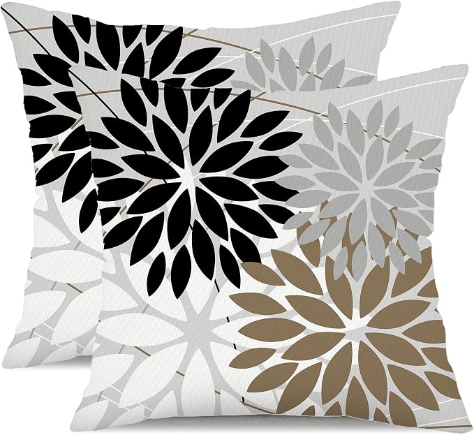 DFXSZ Pack of 2 Outdoor Waterproof Throw Pillow Covers 16x16 Black White | Polyester Colorful Spring Summer Floral Decorative Cushion Cases(NO INSERT),For Couch Patio Funiture Garden Home Decor