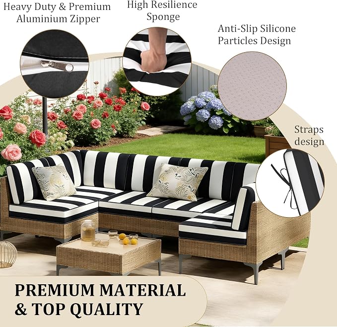 14pc Waterproof Outdoor Couch Cushions for 6 Seat Patio BlackStripe | Water-resistant, UV-resistant,14pc High-Density Foam Replacement Cushions for 6-Seat Outdoor Sectional Furniture