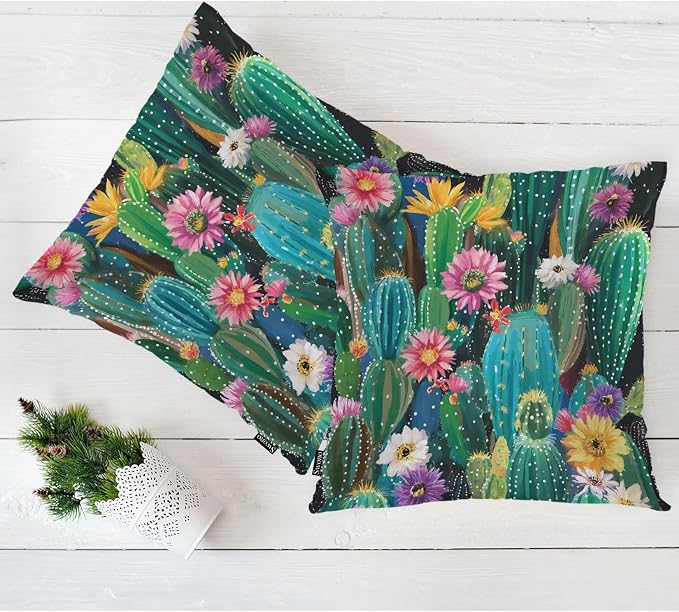 Swono Cactus Set of 2 Decorative Throw Pillow Covers Cushion Case, Tropical Rainbow Blooming Cactus Florals Farmhouse Pillowcase Cozy Pillow Cover for Couch Sofa Bed Garden Chair Car 18 X 18 Inch