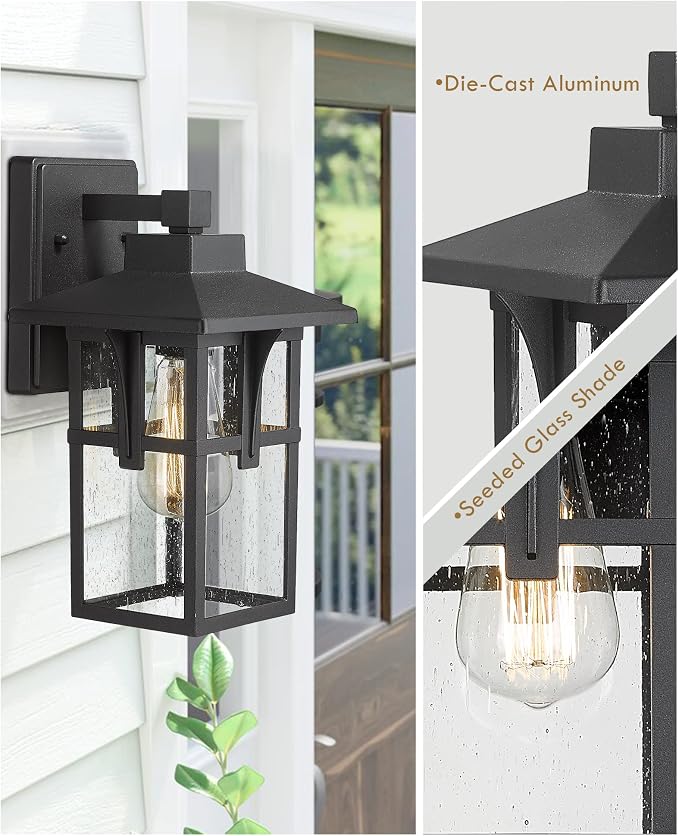 Outdoor Light Fixture, HWH Large Outdoor Wall Lantern, 1-Light Exterior Wall Mount Light with Seeded Glass, Matte Black Finish, 15" Height, HX1B BK (Large)