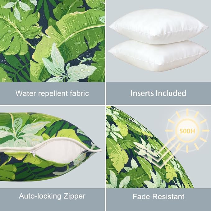 LVTXIII Outdoor Throw Pillows Set of 2, Patio Waterproof Pillows Fade Resistant Accent Pillows for Home and Garden Furniture Decoration, 16"x16", Jungle Leaves