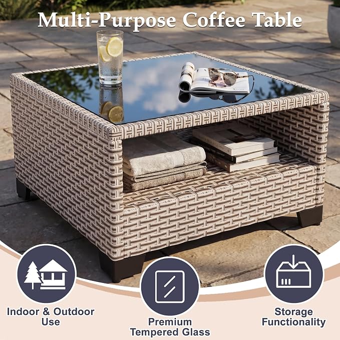Patio Furniture Set, 8-Piece Outdoor Sectional Sofa with 60,000 BTU Fire Pit Table & 2-Layer Glass Coffee Table, Wicker Patio Conversation Set with Cyan Cushions