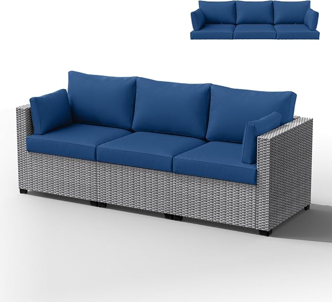 Outdoor Furniture Replacement Cushions, Waterproof Patio Furniture Cushions, 4" Deep Seat Outdoor Sectional Cushion for 3-Seat Outdoors Rattan Sofa Patio Sofa Cushion, Blue