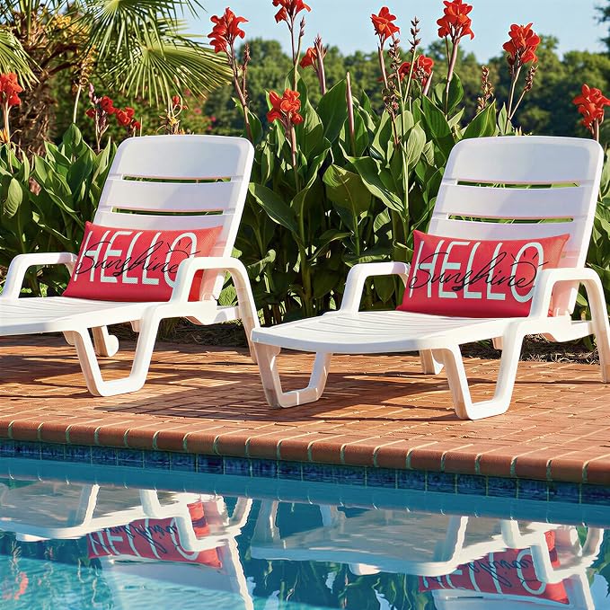Lewondr Waterproof Outdoor Throw Pillow Cover, 12×20", Red | 2 Pack, Hello Sunshine Printing, Summer Garden Decor, For Patio Sofa, Balcony Couch, Bench Porch