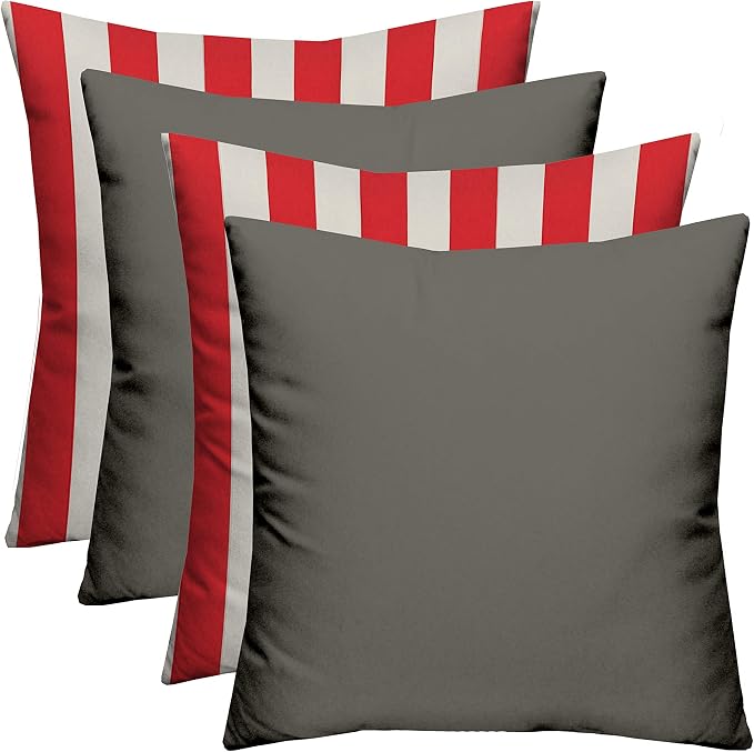 RSH DECOR Set of 4 Square Throw Pillows | Indoor/Outdoor All Weather Polyester Fabric | Decorative Accent Pillows for Patio Furniture | Reversible | 17" x 17" | Charcoal Grey + Red & White Stripe