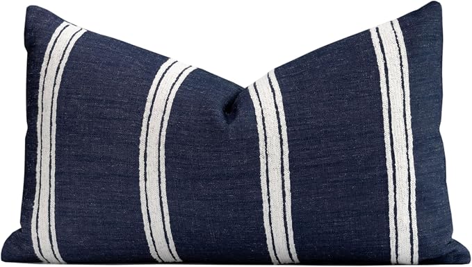 Coastal Linen Indoor Outdoor Lumbar Pillow Cover Only, 12"x20" Water Repellent for Patio, Backyard, Couch, Dark Navy Neutral Embroidered Stripes