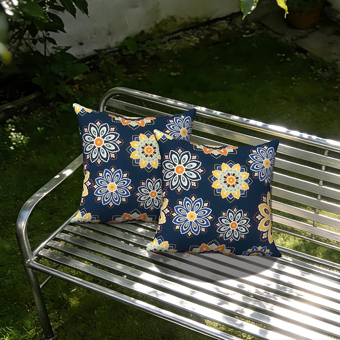Outdoor Pillows with Insert 18x18 Inch, Waterproof Throw Pillow for Patio Furniture, Decorative Back Cushion for Garden Home Sofa Office Chair, Set of 2, Bloom Medallion‌Cobalt