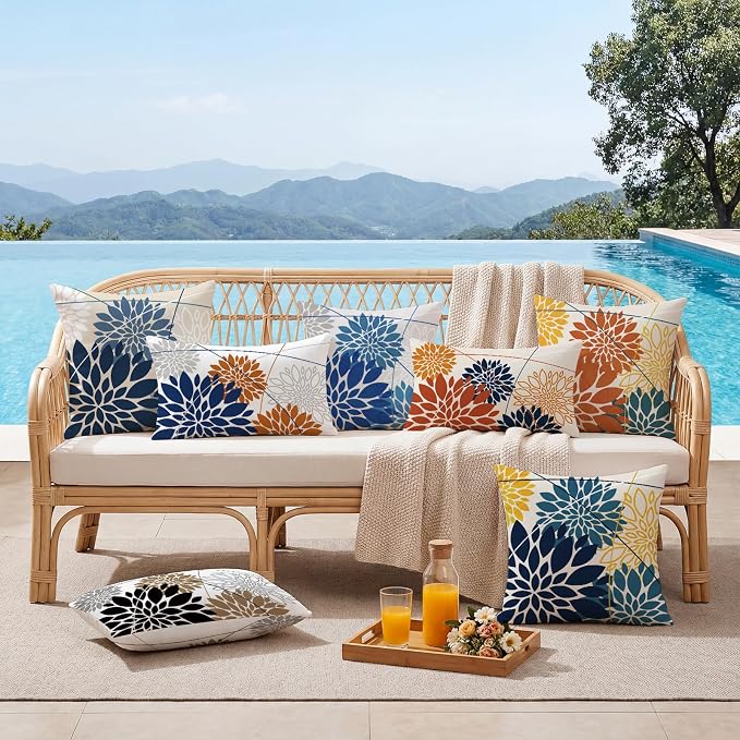 OTOSTAR Outdoor Orange Cyan Pillow Covers 16x16 Inch Set of 2 Red Flower Throw Pillows Farmhouse Geometric Dahlia Floral Square Cushion Case Waterproof Decor for Sofa Patio Funiture Garden