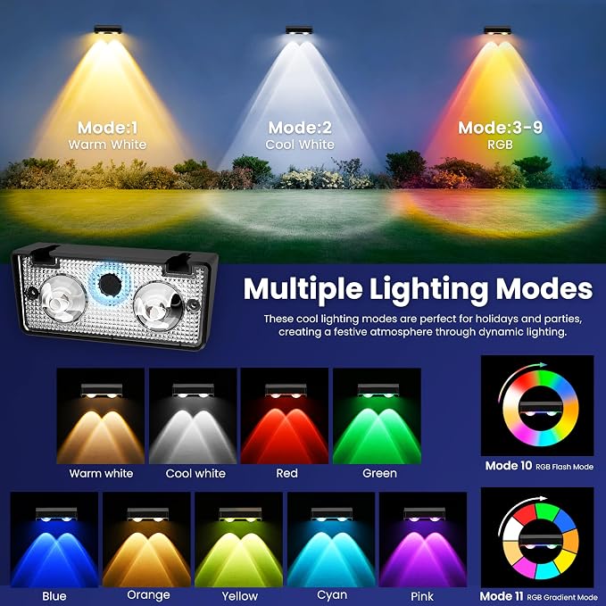 Solar Fence Lights Outdoor, Color Changing, Waterproof IP65, 20 Pack | 11 Modes, 9 Colors 50 LM Solar Lights Waterproof with LED Focus Lens for Wall Backyard Deck Patio Porch Step Pool Decor