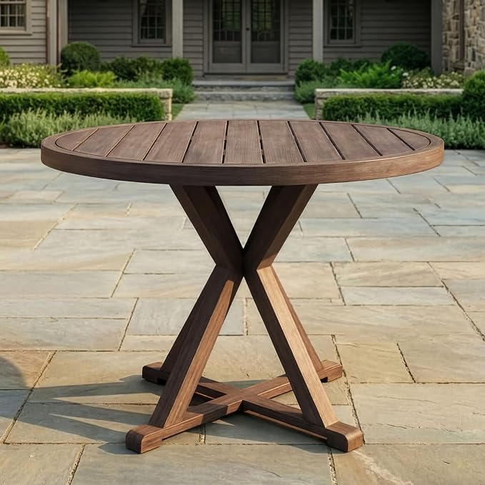 Martha Stewart Bedford 36" Round Indoor-Outdoor Aluminum Patio Dining Table with Trestle Base, Accommodates up to 4 Adults, Brushed Brown Woodgrain Finish