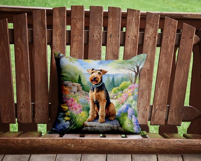 Caroline's Treasures Airedale Terrier Spring Garden Throw Pillow Machine Washable, Indoor Outdoor Decorative Pillow for Couch, Bed or Patio, 14Hx14W