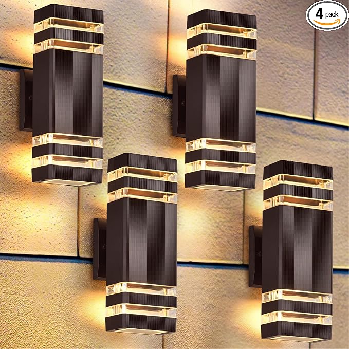 DASTOR 4 Pack Outdoor Wall Lights, Brown Exterior Lighting Fixtures Wall Mount, 2-Layer Modern Outdside Lights for House, Up and Down Outdoor Sconce Lights for Porch Patio Garage