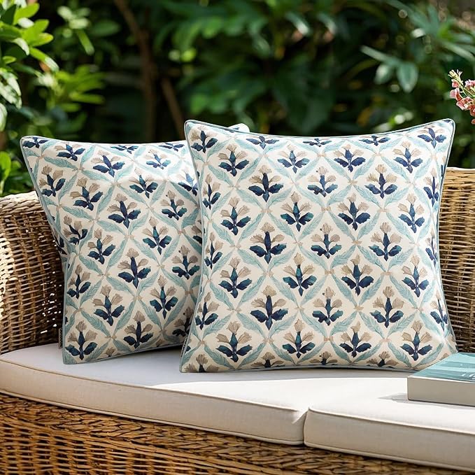 MIULEE Outdoor Floral Pillow Covers Waterproof 18x18 Blue Grey | Decorative Block Print,Boho Farmhouse, Set of 2 Coastal Summer Cushion Covers with Piping,Garden Patio Furniture Porch Couch
