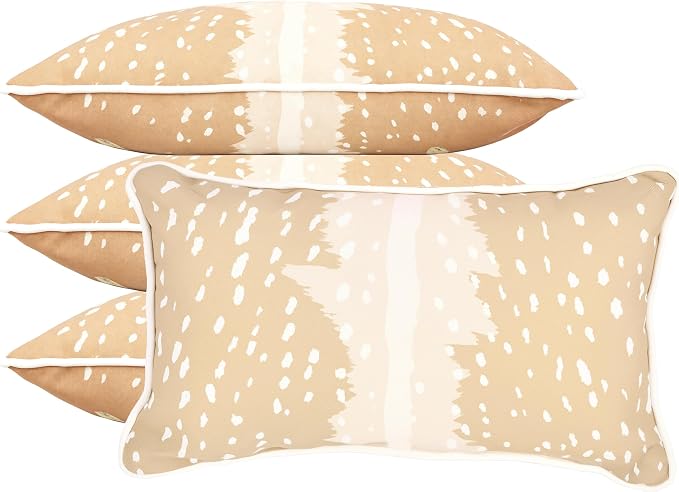 12x20 Inch Outdoor Lumbar Pillows, 4-Pack with Built-in Inserts. One-Piece Zipper-Free Design, Supportive, Fade & Water Resistant for Patio, Porch, Couch and Office Chair, Beige Fawn Print