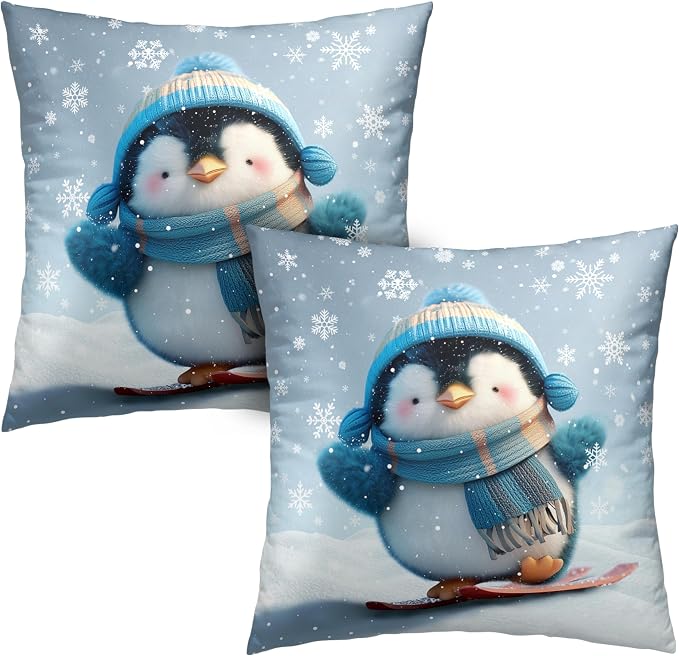 Winter Pillow Covers 16x16 Set of 2 Adorable Skiing Penguins Throw Pillow Covers Snowflakes Pillow Case Double Sided Printing Cushion Case for Home Decor Couch Sofa