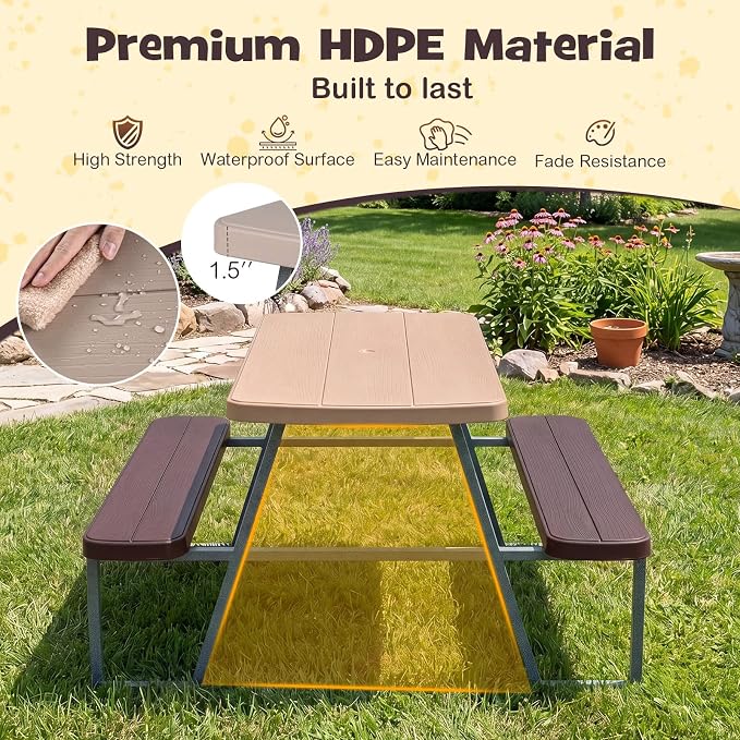 HONEY JOY Kids Picnic Table, 4 Person Toddler Outdoor Table and Chair Set, Built-in Benches, Removable Umbrella, Metal Frame & HDPE Top, Children Outdoor Furniture for Backyard Patio Garden (Coffee)