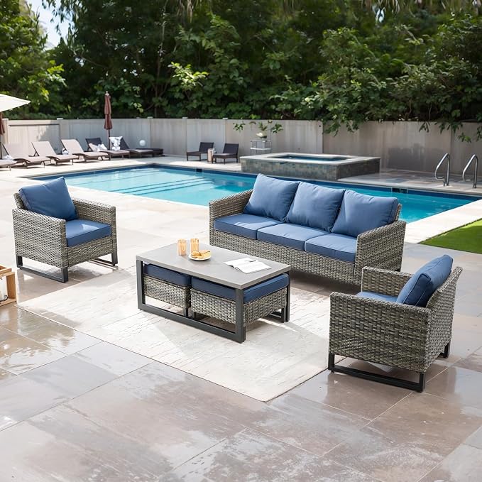 Luxury Wicker Outdoor Couch Patio Sofa - 3 Seater Rattan Outdoor Patio Couch Water Resistant,Comfortable Cushions and Sturdy Metal Frame for Outside Porch Deck Backyard Garden(Mixed Grey/Blue)