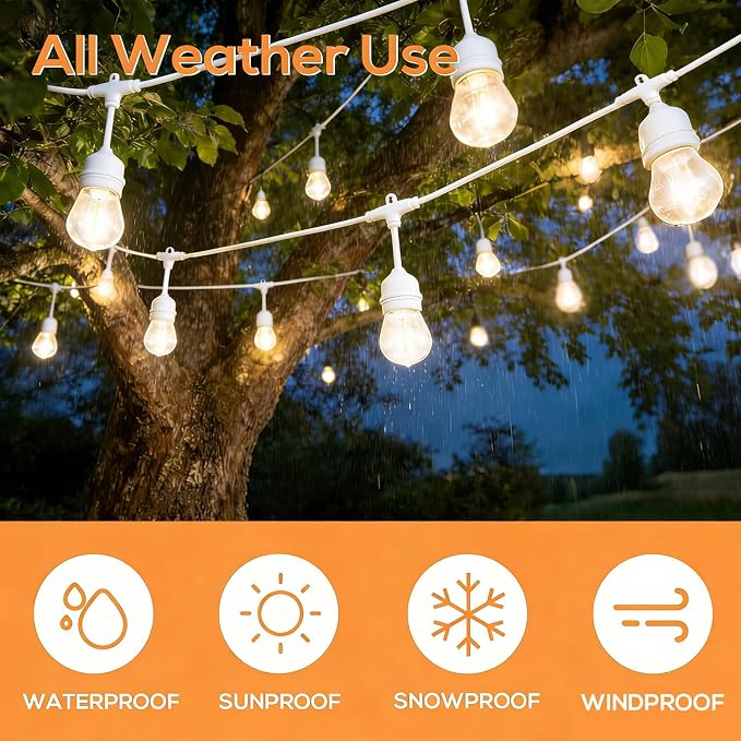 SUNTHIN 50FT Outdoor White String Light with 16 1W LED Shatterproof Filament Bulb for Patio Lights, Backyard, Porch, Party Lights
