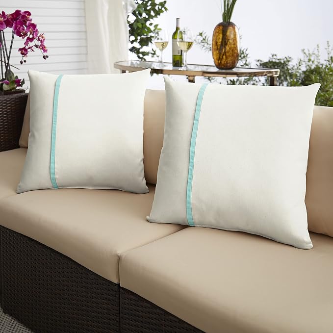Sorra Home x Sunbrella - Indoor Outdoor Square Pillows, Set of 2, 16x16, Canvas Natural Ivory & Aruba Light Blue