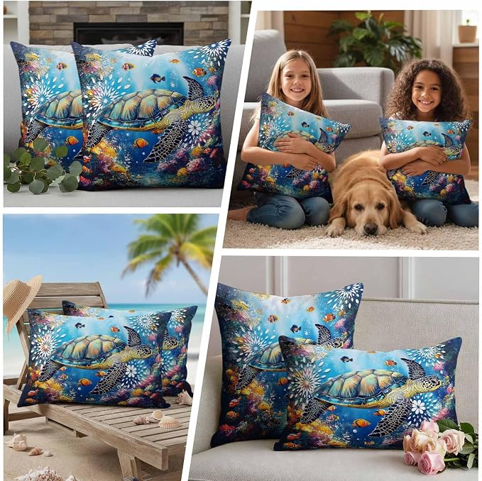 Turtle Waterproof Outdoor Pillow Covers Set of 2 Home Decor, Ocean Fish Coral Underwater World Cartoon Pillowcase Patio Pillow Covers for Couch Bench Furniture Garden 20x20in