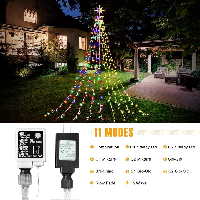 Christmas Decorations, Outdoor Christmas Lights, 320 LED Outdoor Christmas Tree String Lights with 12" Star Toppers [8 Modes& Waterproof] for Xmas New Year Holiday Decor (Dipper Warm+Multi)